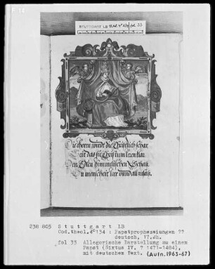 Flugschrift mit Illustrationen aus den Papstprophezeiungen mit antipäpstlichen Spottversen — Allegorische Darstellung von Papst Sixtus 4. (1471-1484), Folio 33recto