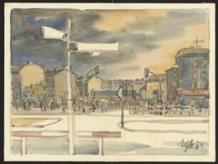 Aquarell von Karl-Heinz Klingbeil: Straßenszene Ecke Frankfurter Allee / Jungstraße (1984)