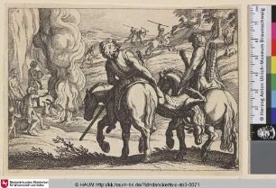 [Gazellenjagd mit zwei reitenden Jägern, die eine erlegte Gazelle tragen im Vordergrund]