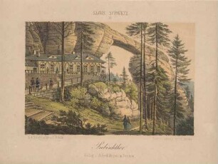 Das Prebischtor (Pravčická brána) bei Herrnskretschen (heute Hřensko, Tschechien) in der Böhmischen Schweiz mit Gasthaus