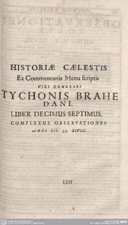 HISTORIAE CAELESTIS ... LIBER DECIMUS SEPTIMUS ...