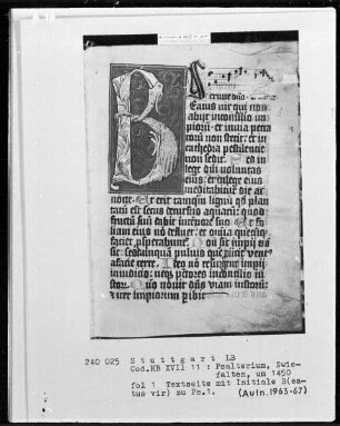 Psalterium — Vogelinitiale B (eatus vir), Folio 1 recto