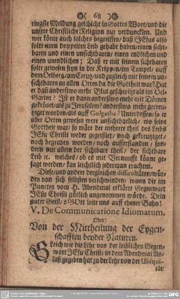 V. De Communicatione Idiomatum. Oder: Von der Mittheilung der Eygenschafften beyder Naturen