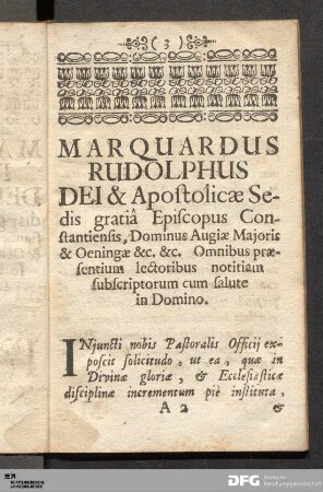 Marquardus Rudolphus Dei & Apostolicæ Sedis gratia Episcopus Constantiensis...