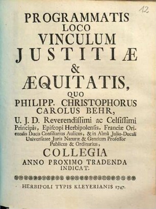 Programmatis Loco Vinculum Justitiae & Aequitatis
