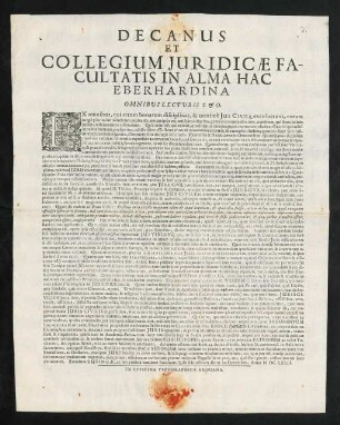 Decanus Et Collegium Juridicae Facultatis In Alma Hac Eberhardina Omnibus Lecturis S. & O.