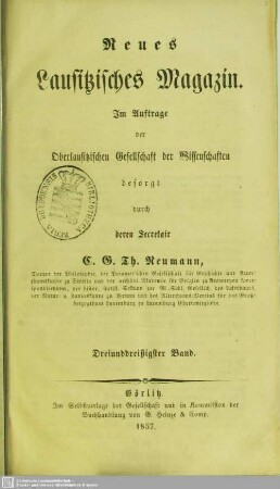33.1856: Neues lausitzisches Magazin : Zeitschrift der Oberlausitzischen Gesellschaft der Wissenschaften