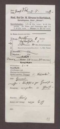 Behandlungsschein von Dr. W. Strunz, Karlsbad, für Constantin Fehrenbach