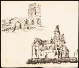 Gotische Kirche und Kirchenruine: Zwei perspektivische Seitenansichten