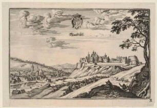 Stadtansicht von Mansfeld im Südharz in Sachsen-Anhalt mit dem Schloss Mansfeld (heute Ruine außer der Kirche), aus Merians Topographia Superioris Saxoniae