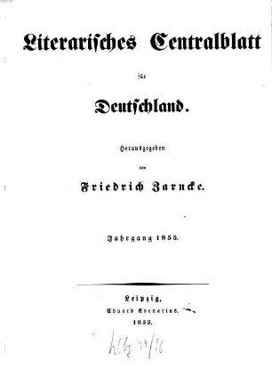 Literarisches Zentralblatt für Deutschland. 1855
