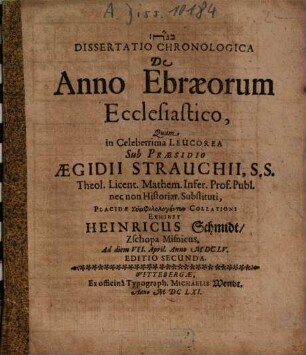 Dissertatio Chronologica De Anno Ebraeorum Ecclesiastico