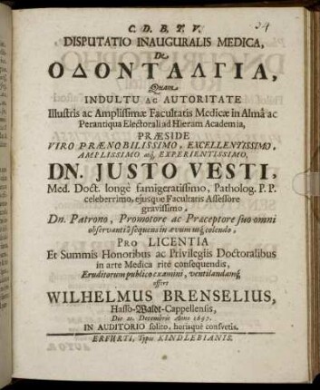 Disputatio Inauguralis Medica, De Odontalgia