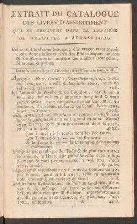 Extrait Du Catalogue Des Livres D'Assortiment Qui Se Trouvent Dans La Librairie De Treuttel À Strasbourg : Cet extrait renferme beaucoup d'ouvrages rares & précieux dont plusieurs tirés des Bibliothèques de feu M. de Montmorin ministre des affaires étrangères, Mirabeau et autres