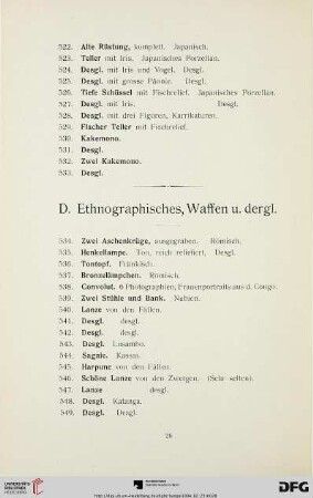 D. Ethnographisches, Waffen u. dergl. (Nr. 534-742)