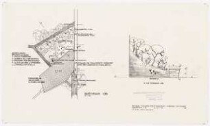 Haus und Garten H. Bense, Stuttgart: Pflanzplan, technischer Plan und Schnitt, Gartenraum, 1. OG, 1:50, 1:20