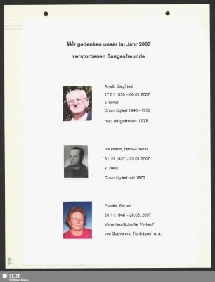 Wir gedenken unser im Jahr 2007 verstorbenen Sangesfreunde