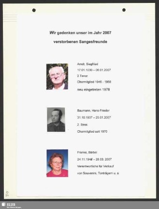 Wir gedenken unser im Jahr 2007 verstorbenen Sangesfreunde