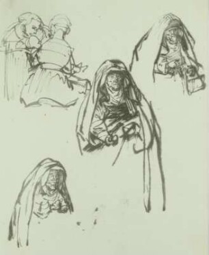 Drei Studien nach einer alten Frau mit breitem Umhang, dazu die Skizze einer Gruppe von 2 Frauen und 1 Kind