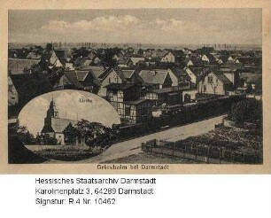 Griesheim bei Darmstadt, Totale und Außenansicht der Kirche in Medaillon