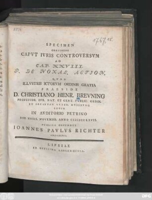 Specimen Continens Capvt Ivris Controversvm Ad Cap. XXVIII. P. De Noxal. Action