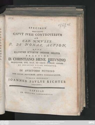 Specimen Continens Capvt Ivris Controversvm Ad Cap. XXVIII. P. De Noxal. Action