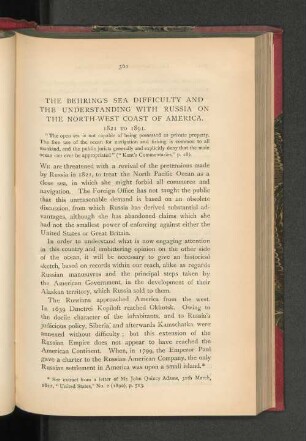 The Behring's Sea Difficulty and the Understanding with Russia on the North-West Coast of America. 1821 to 1891.