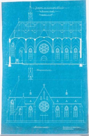 Heilige Familie-Kirche, Lünen: Längsschnitt und Seitenansicht der Kirche (1:100)