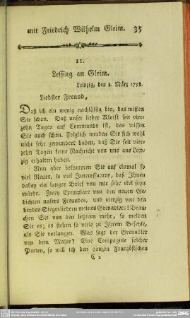 11. Lessing an Gleim. Leipzig, den 8. März 1758