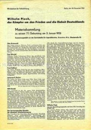 Sonderdruck der Zeitschrift "Die neue Schule" mit Material zum 77. Geburtstag von Wilhelm Pieck