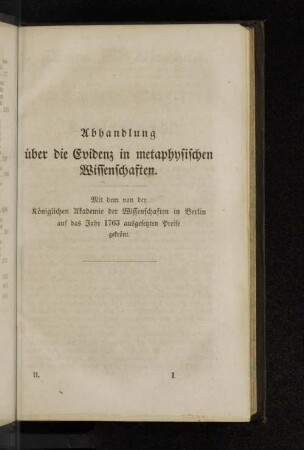 Abhandlung über die Evidenz der metaphysischen Wissenschaften.