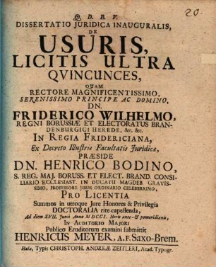 Dissertatio Juridica Inauguralis, De Usuris, Licitis Ultra Qvincunces
