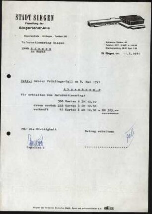 Firmenbriefkopf Stadt Siegen, Verwaltung der Siegerlandhalle