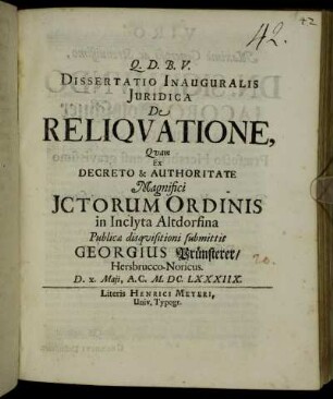 Dissertatio Inauguralis Iuridica De Reliquatione