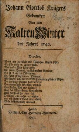 Johann Gottlob Krügers Gedancken vom kalten Winter des Jahres 1740.