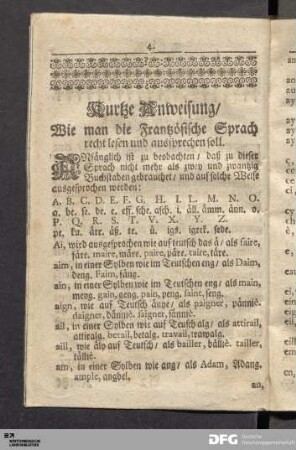 Kurtze Anweisung/ Wie man die Frantzösische Sprach recht lesen und aussprechen soll.