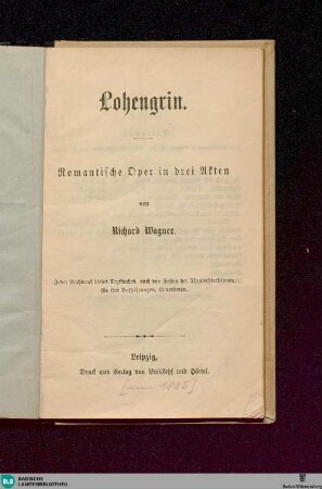 Lohengrin : romantische Oper in drei Akten