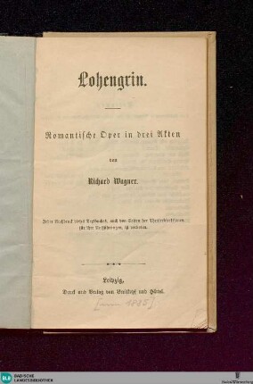 Lohengrin : romantische Oper in drei Akten