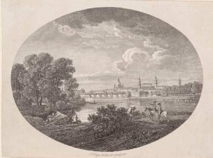 Stadtansicht von Dresden, Blick vom Pieschener Winkel über die Elbe auf die Stadtsilhouette mit Augustusbrücke, Ausschnitt aus dem Titelblatt zu Zinggs "Kupferstichwerk"