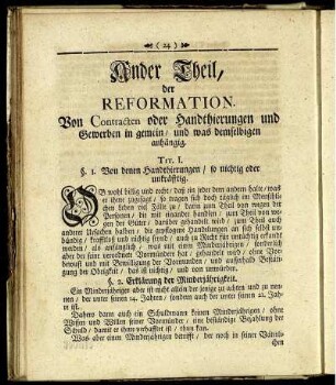 Ander Theil, der Reformation. Von Contracten oder Handthierungen und Gewerben in gemein / und was demselbigen anhängig.