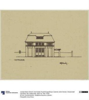Darmstadt, Projekt Doppelhaus Cabinet, erste Version, Skizzenblatt mit Aufriss der Ostfassade