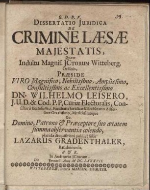 Dissertatio Iuridica De Crimine Laesae Maiestatis