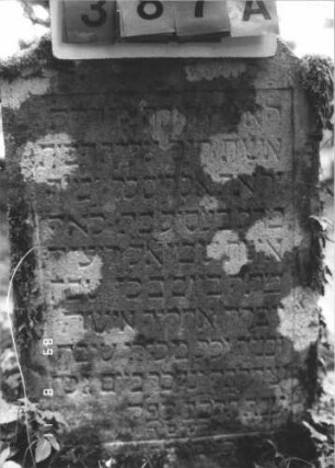 Grabstein 387 (Index: 99799656) Material: Sandstein Zustand: stark verwittert Maße HxBxT: 96x45x9 cm Beschreibung: Stele, Giebelabschluß, Schriftfeld rechteckig eingetieft Symbolik: Blüte: Grabstein 387A