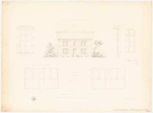 Vier-Familienhaus: Vorderansicht, Grundriss EG und 1.OG, Details