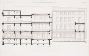 Wohngebäude Wilhelmstraße 66, Berlin: Schnitt AB (aus: Atlas zur Zeitschrift für Bauwesen, hrsg. v. G. Erbkam, Jg. 19, 1869)