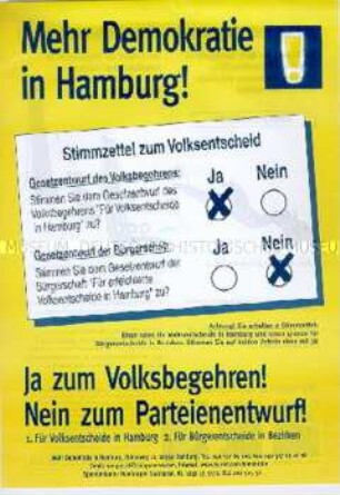 Propagandaflugschrift der Initaitive "Mehr Demokratie" für die verfassungsmäßige Einführung von Volksbegehren in Hamburg