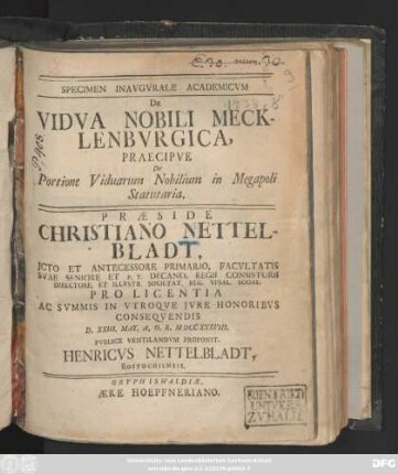 Specimen Inavgvrale Academicvm De Vidva Nobili Mecklenbvrgica, Praecipve De Portione Viduarum Nobilium in Megapoli Statutaria