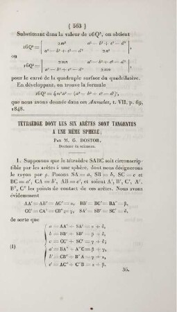 tétraèdre dont les six arètes sont tangentes a une méme sphere.