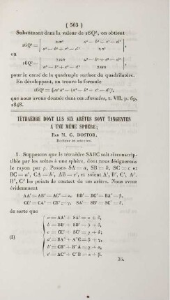tétraèdre dont les six arètes sont tangentes a une méme sphere.