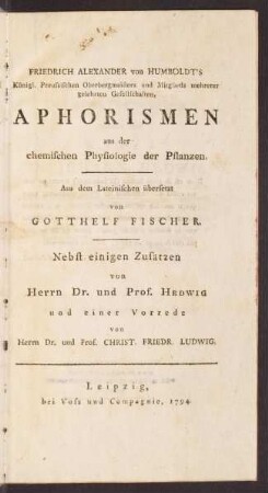 Aphorismen aus der chemischen Physiologie der Pflanzen